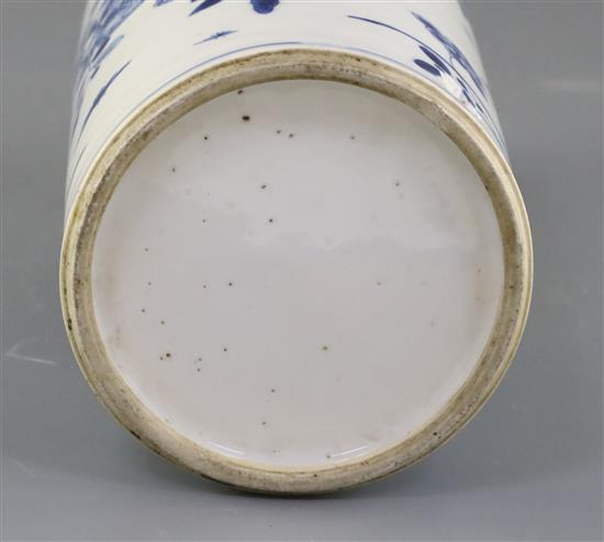 A Chinese blue and white cylindrical vase, Kangxi period, H. 26cm, drilled hole to side of the base